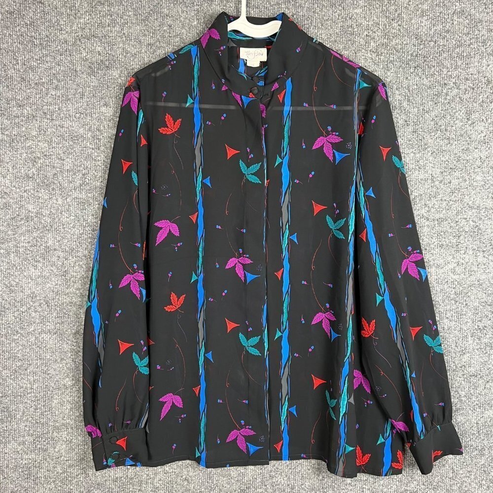 Vintage 80s Tan Jay Blouse Sheer Black Purple‎ Green Blue Floral Leaves Sz 14